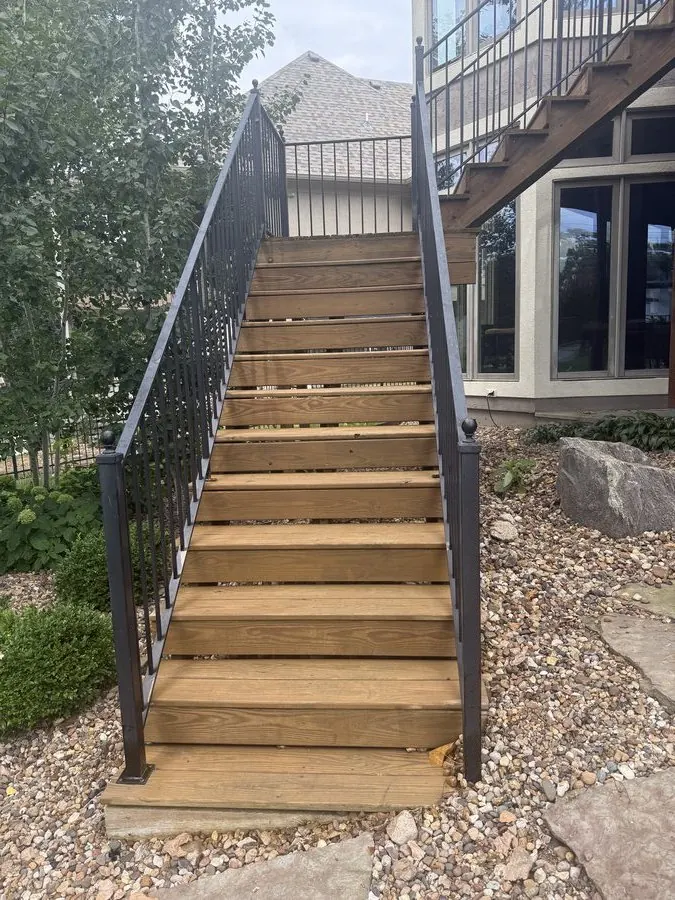 Freshly stained exterior wood staircase