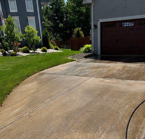 Driveway covered in dirt and algae stains before cleaning